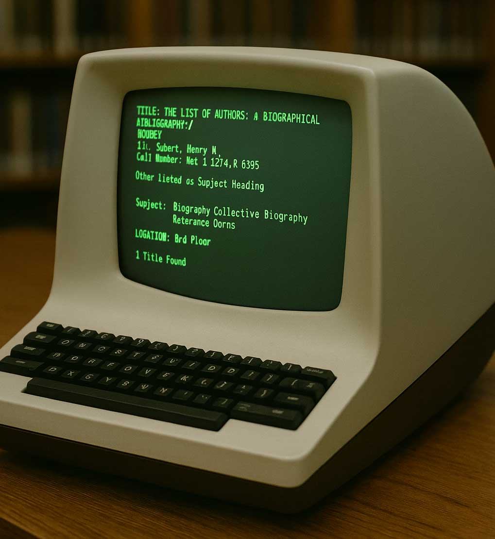 1980's vintage all in one keyboard and green screen terminal common at the CSU Chico Library