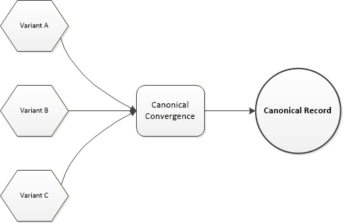 Flow diagram showing variant artifacts converging into a single canonical record.