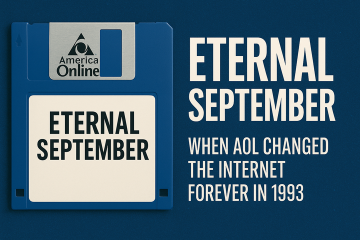 AOL floppy disk labeled Eternal September with text: When AOL changed the internet forever in 1993