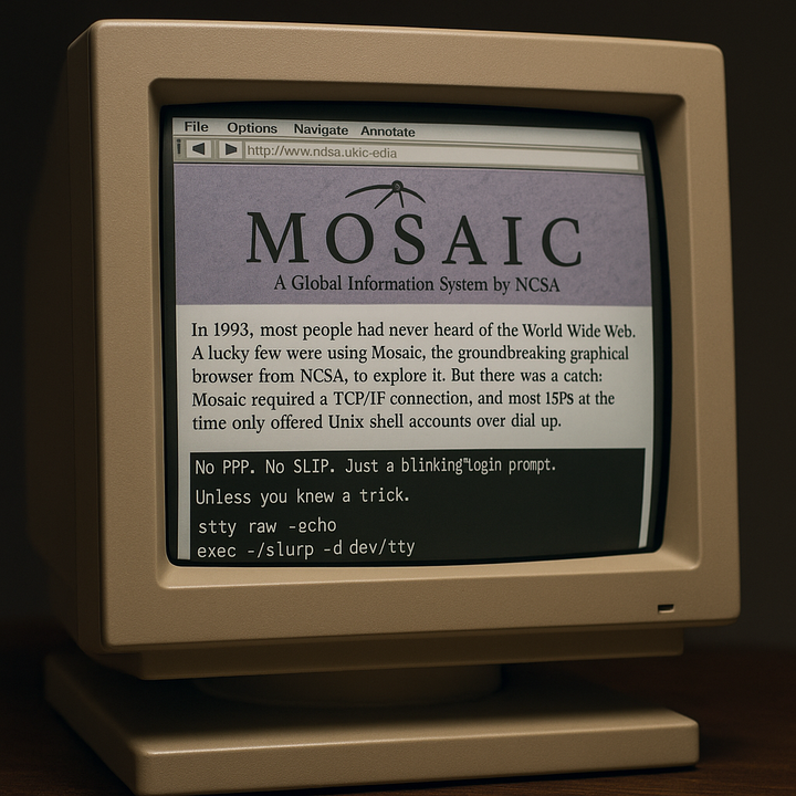 A beige 1990s CRT monitor displaying the Mosaic web browser with terminal commands for SLIP tunneling below the page.