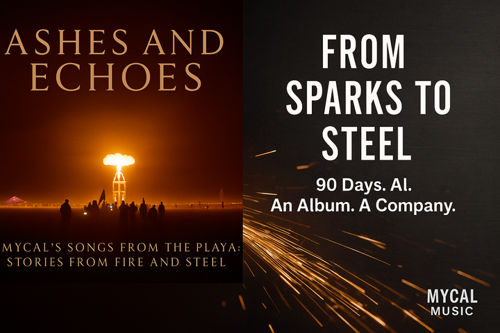 Split design with “Ashes and Echoes – Songs from the Playa” album cover on the left, bold blog title on the right, telling how I built a music company in 90 days with AI.