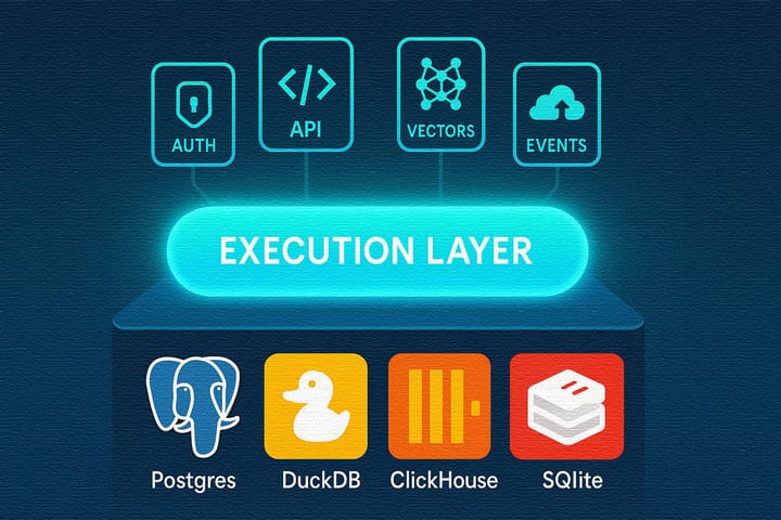 Conceptual illustration of databases (Postgres, DuckDB, ClickHouse, SQLite, Redis) forming a base, with a glowing ‘Execution Layer’ above radiating icons for APIs, auth, vectors, and events.
