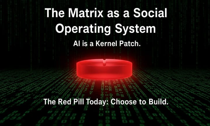 Glowing red pill on a dark background with white text: “The Matrix as a Social Operating System — AI is a Kernel Patch. The Red Pill Today: Choose to Build.”
