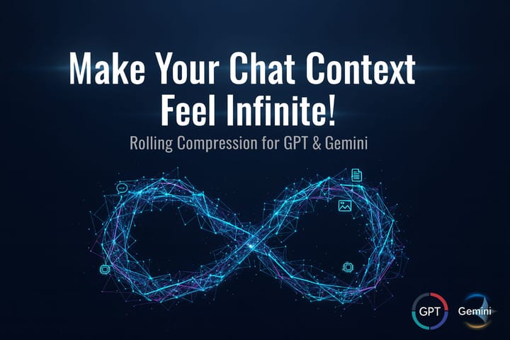 Banner with a glowing infinity loop and headline “Make Your Chat Context Feel Infinite!” Subheadline: “Rolling Compression for GPT & Gemini” with logos bottom right.
