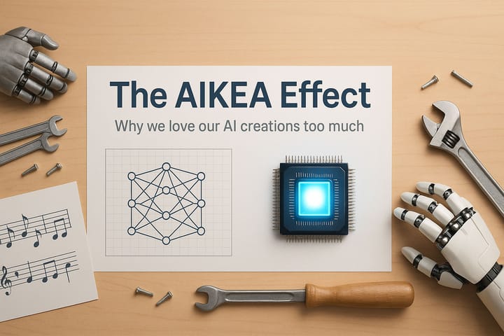Overhead view of a wooden workbench with robotic hands, tools, circuit board, and a glowing AI chip beside a neural network diagram, symbolizing the AIKEA Effect: loving our AI creations.