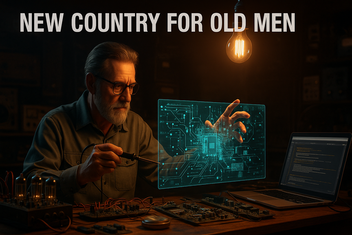 An older engineer works at a warm-lit electronics bench, soldering beside a holographic schematic as the title “NEW COUNTRY FOR OLD MEN” appears above—bridging analog craft and AI innovation.