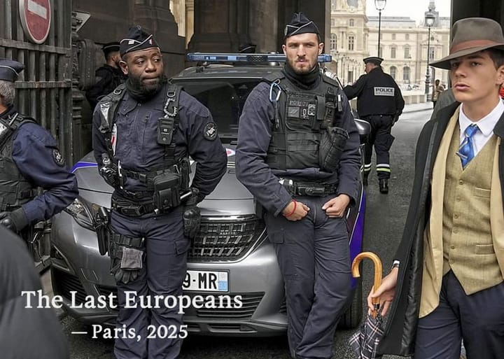 A photorealistic image showing two French police officers beside a Peugeot near the Louvre as a man in a fedora walks past with an umbrella. With the text "The Last Europeans"