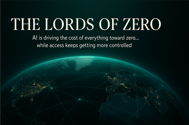 Stylized Earth with glowing network lines beneath the title “The Lords of Zero,” illustrating AI-driven cost collapse contrasted with increasing control and gated access.
