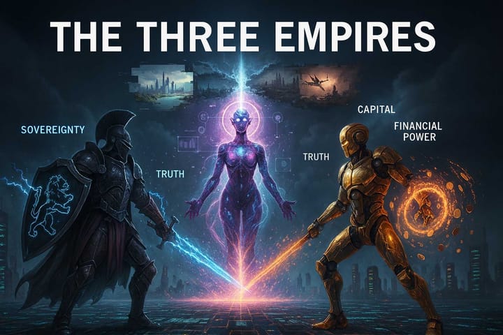 Minimalist symbolic collision of three figures on a luminous cognitive grid, representing political, financial, and cognitive empires negotiating over the substrate of reality.