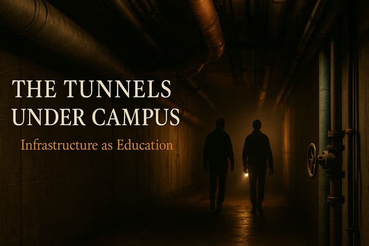 Two men walking in a dark utility tunnel with a flashlight.