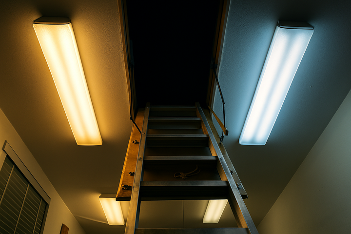 Photo of an attic pulldown ladder extened, ready to be climbed into darkness