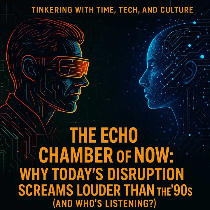 illustration contrasting a neon-outlined cyberpunk man in retro VR gear with a glowing AI-generated female figure, symbolizing the clash between 1990s tech culture and modern AI disruption. 