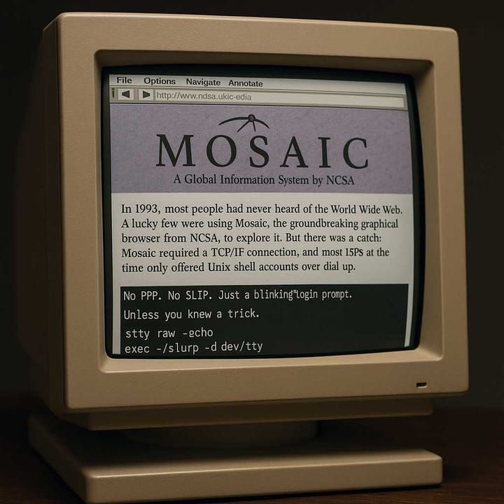 A beige 1990s CRT monitor displaying the Mosaic web browser with terminal commands for SLIP tunneling below the page.