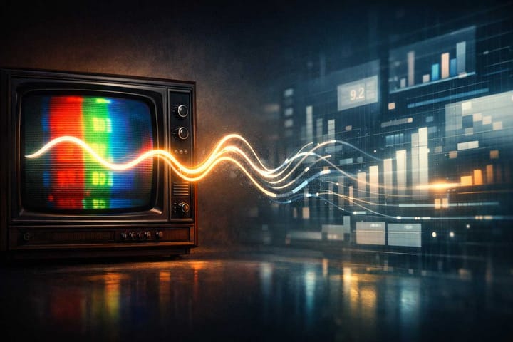 Vintage analog television with misaligned colors and scanlines, connected to a flowing signal waveform that suggests emergent complexity in modern AI systems.