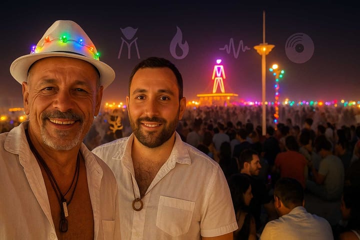 Two men smile at Burning Man with the Man glowing in the background. Both wear white; one wears an LED hat. 