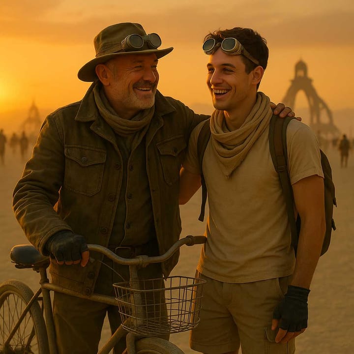A father and his adult son prepare to ride bikes into the sunrise across the Burning Man desert. The older man gestures forward, passing down tradition under a glowing sky.