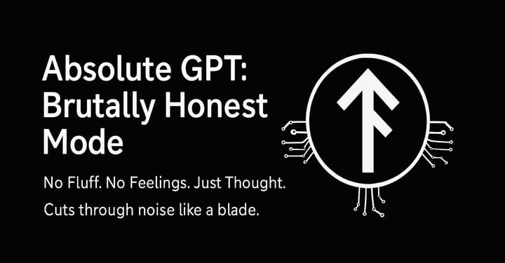 Black minimalist graphic reading “Absolute GPT: Brutally Honest Mode” with a white upward arrow rune inside a circle and circuit lines, symbolizing sharp, no-nonsense AI reasoning.