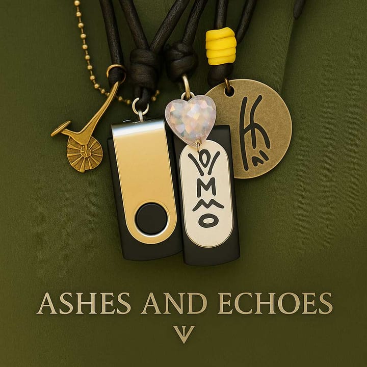 Close-up of USB necklace gifts with charms, engraved with symbols and overlaid text 'Ashes and Echoes'.