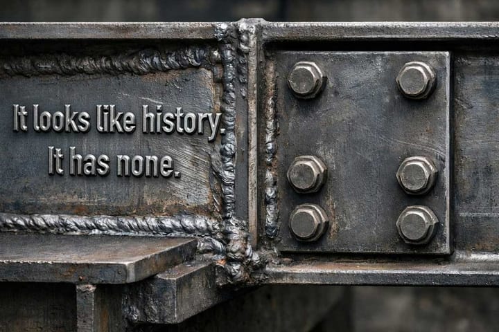 Steel beam with visible weld seams and bolted reinforcement plate. Text engraved: “It looks like history. It has none.”