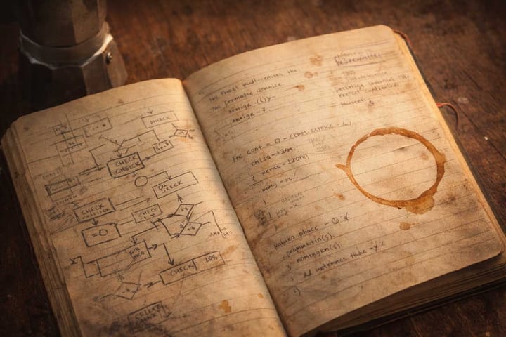 An open, worn engineering notebook filled with crossed-out diagrams and handwritten code, marked by a coffee ring—symbolizing the hidden cost behind stable systems.