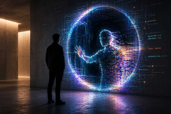 Person stands in a concrete hallway facing a glowing portal showing a distorted, data-driven human reflection, symbolizing AI amplification and the gap between perception and source