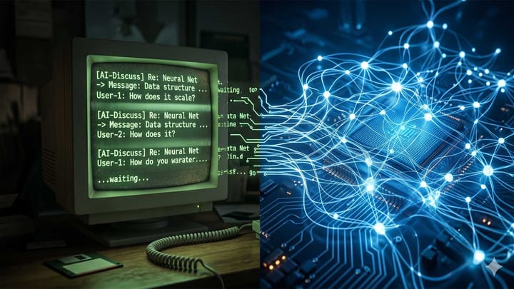 A split-screen view: a 1990s CRT monitor on the left transforms into a futuristic glowing neural network and microchip on the right, symbolizing the evolution of AI.