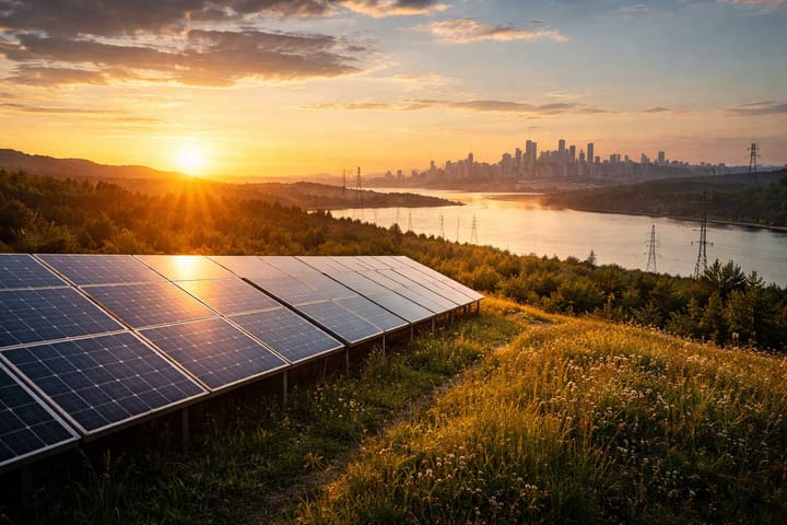 Solar panels at sunset with sunlight transforming into structured grid lines, symbolizing energy flow, system constraints, and control over future power generation.