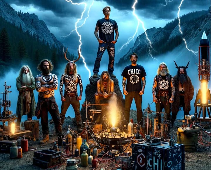 Stylized illustration of Mycal and his techno-shaman crew standing on a rocky outcrop in the Sierras during a lightning storm with a wire-trailing rocket on a launch rail.