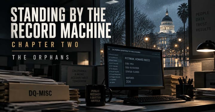 Standing By The Record Machine, Chapter Two: The Orphans. A dark records office overlooks the California State Capitol as Howard Pittman's case appears on screen.