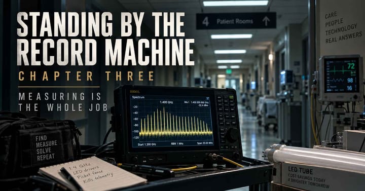 Standing By The Record Machine, Chapter Three. A spectrum analyzer detects interference from LED lighting in a hospital corridor as patient telemetry monitors glow nearby.